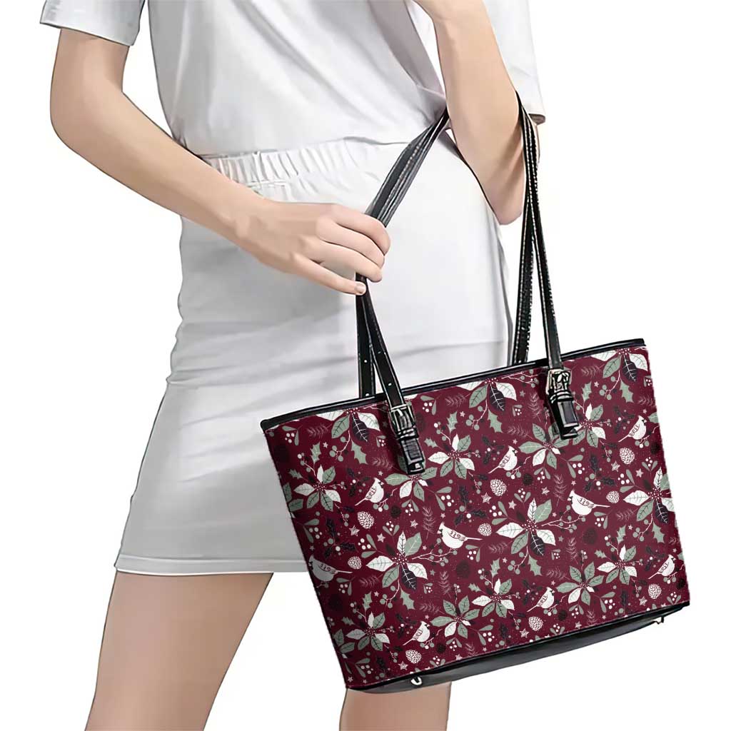 Cardinal Christmas Wine Red Leather Tote Bag Xmas Pattern - Wonder Print Shop