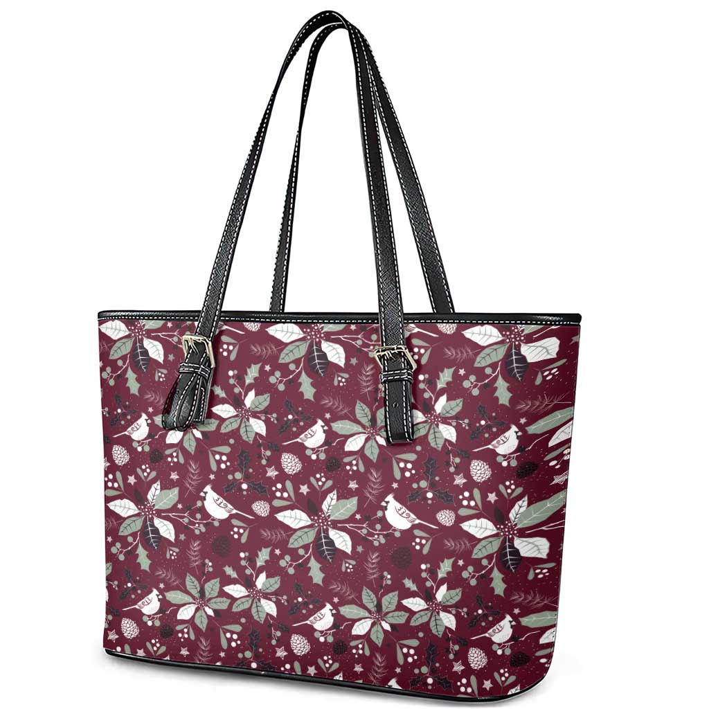 Cardinal Christmas Wine Red Leather Tote Bag Xmas Pattern - Wonder Print Shop