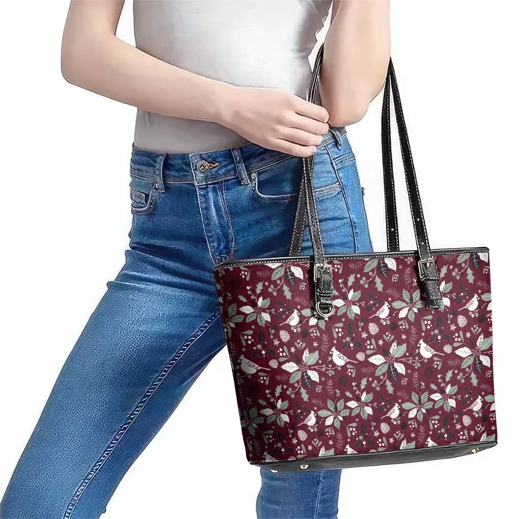 Cardinal Christmas Wine Red Leather Tote Bag Xmas Pattern - Wonder Print Shop