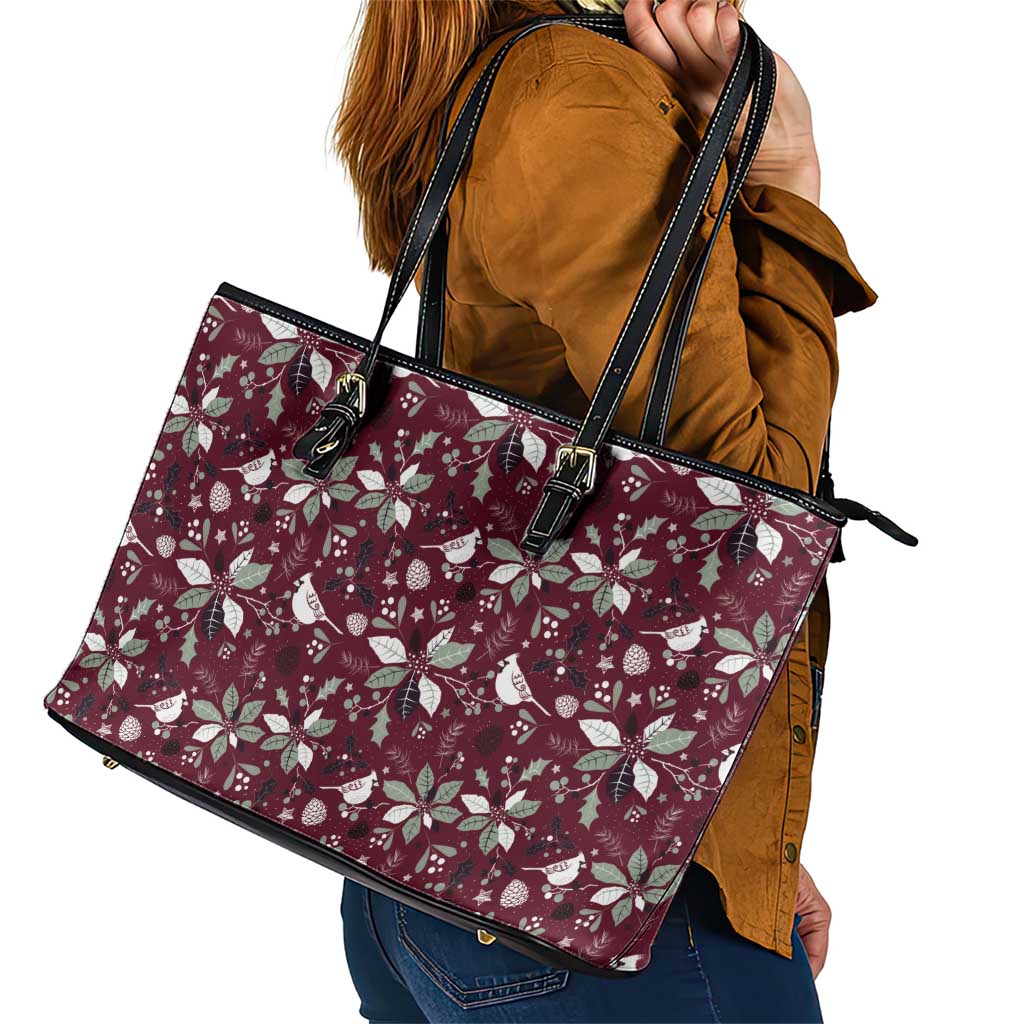 Cardinal Christmas Wine Red Leather Tote Bag Xmas Pattern - Wonder Print Shop
