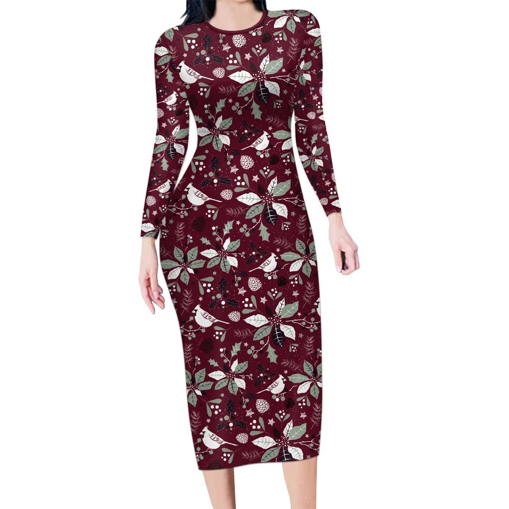 Cardinal Christmas Wine Red Long Sleeve Bodycon Dress Xmas Pattern - Wonder Print Shop
