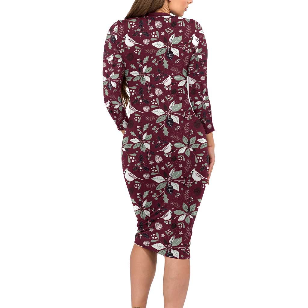 Cardinal Christmas Wine Red Long Sleeve Bodycon Dress Xmas Pattern - Wonder Print Shop