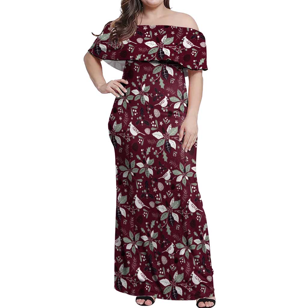 Cardinal Christmas Wine Red Off Shoulder Maxi Dress Xmas Pattern - Wonder Print Shop