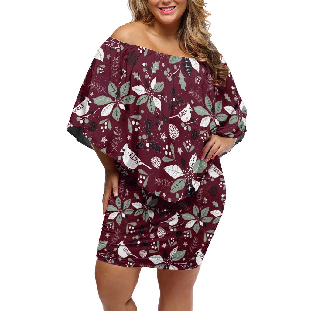 Cardinal Christmas Wine Red Off Shoulder Short Dress Xmas Pattern - Wonder Print Shop