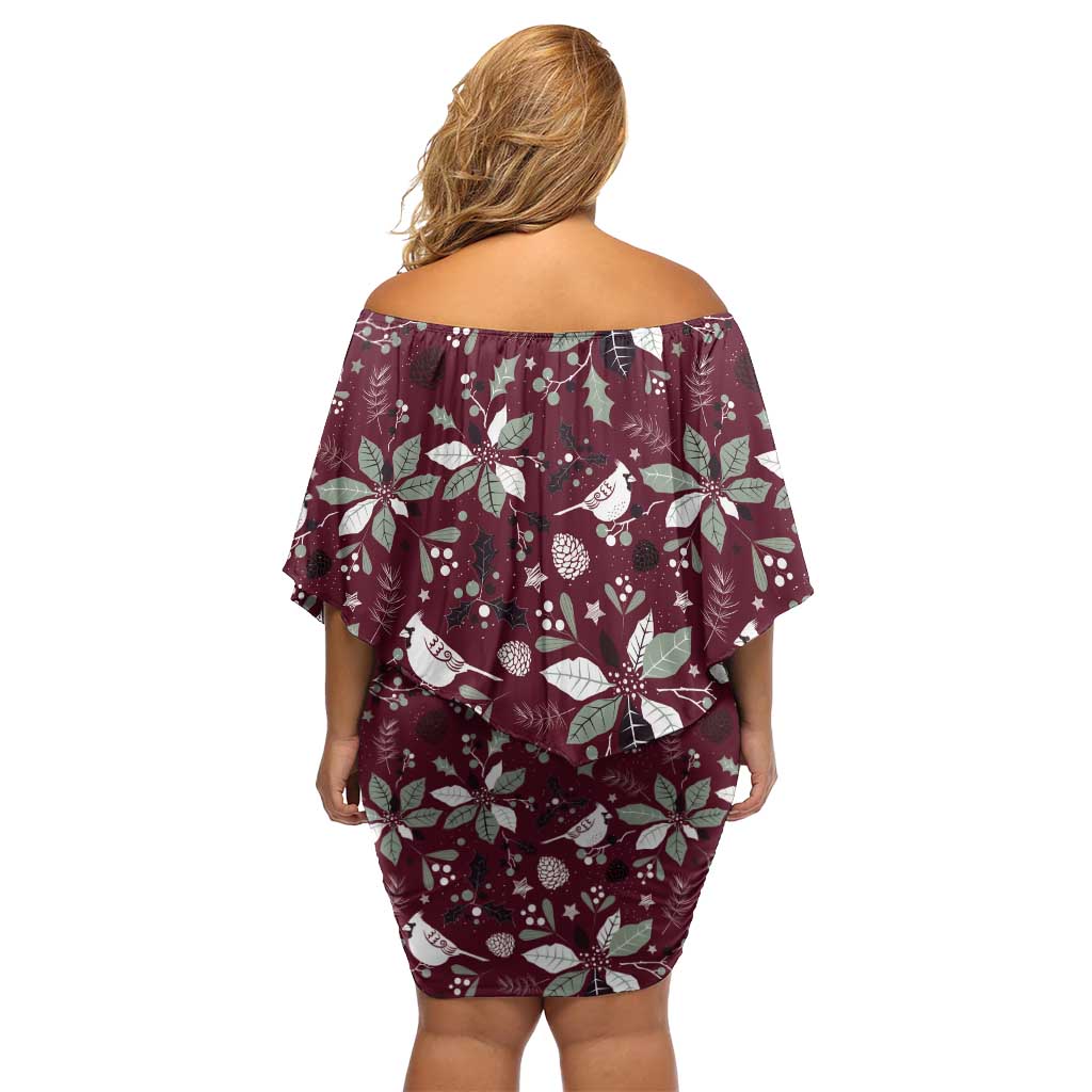 Cardinal Christmas Wine Red Off Shoulder Short Dress Xmas Pattern - Wonder Print Shop