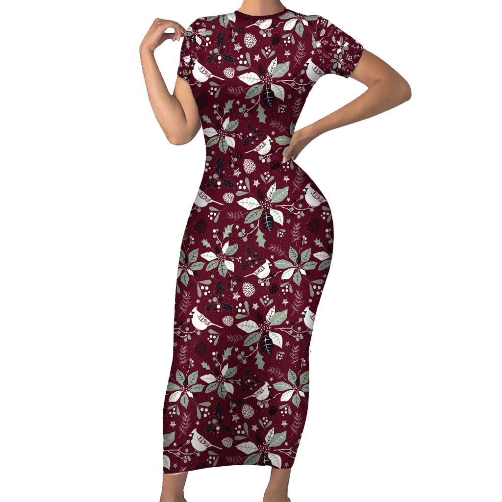 Cardinal Christmas Wine Red Short Sleeve Bodycon Dress Xmas Pattern - Wonder Print Shop