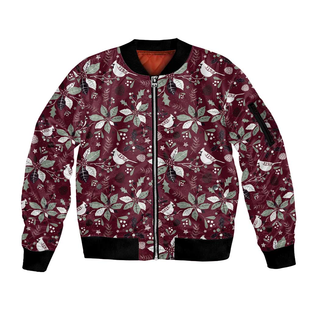 Cardinal Christmas Wine Red Sleeve Zip Bomber Jacket Xmas Pattern - Wonder Print Shop