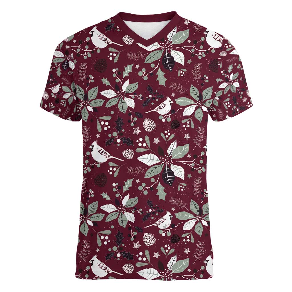 Cardinal Christmas Wine Red Women V-Neck T-Shirt Xmas Pattern - Wonder Print Shop
