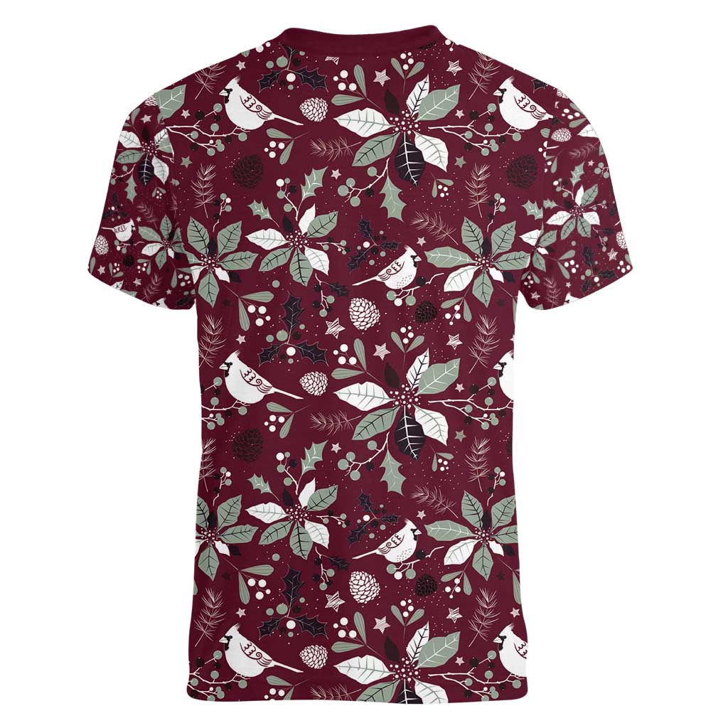 Cardinal Christmas Wine Red Women V-Neck T-Shirt Xmas Pattern - Wonder Print Shop