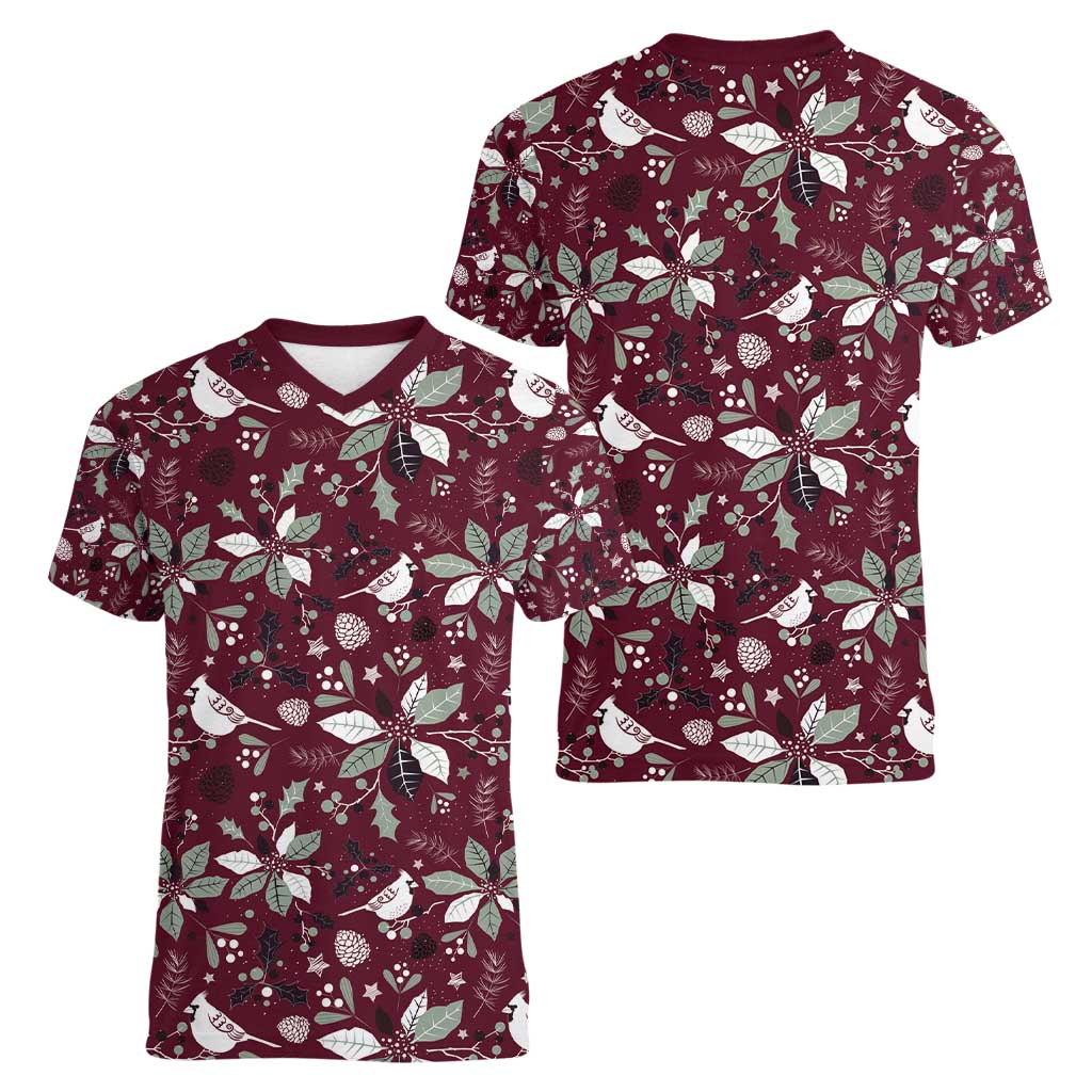 Cardinal Christmas Wine Red Women V-Neck T-Shirt Xmas Pattern - Wonder Print Shop