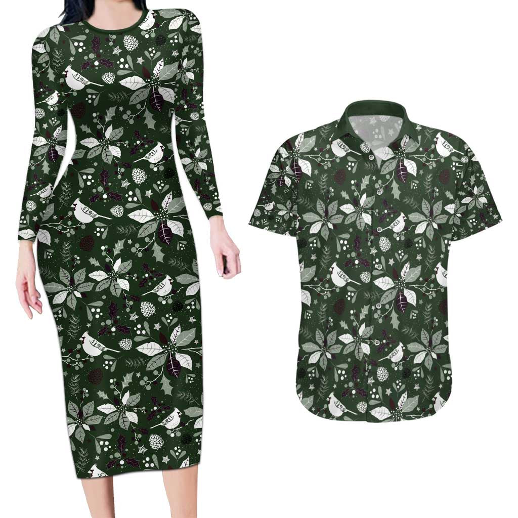 Cardinal Christmas Green Couples Matching Long Sleeve Bodycon Dress and Hawaiian Shirt Xmas Pattern - Wonder Print Shop