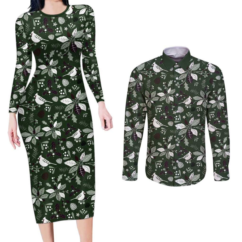 Cardinal Christmas Green Couples Matching Long Sleeve Bodycon Dress and Long Sleeve Button Shirt Xmas Pattern - Wonder Print Shop