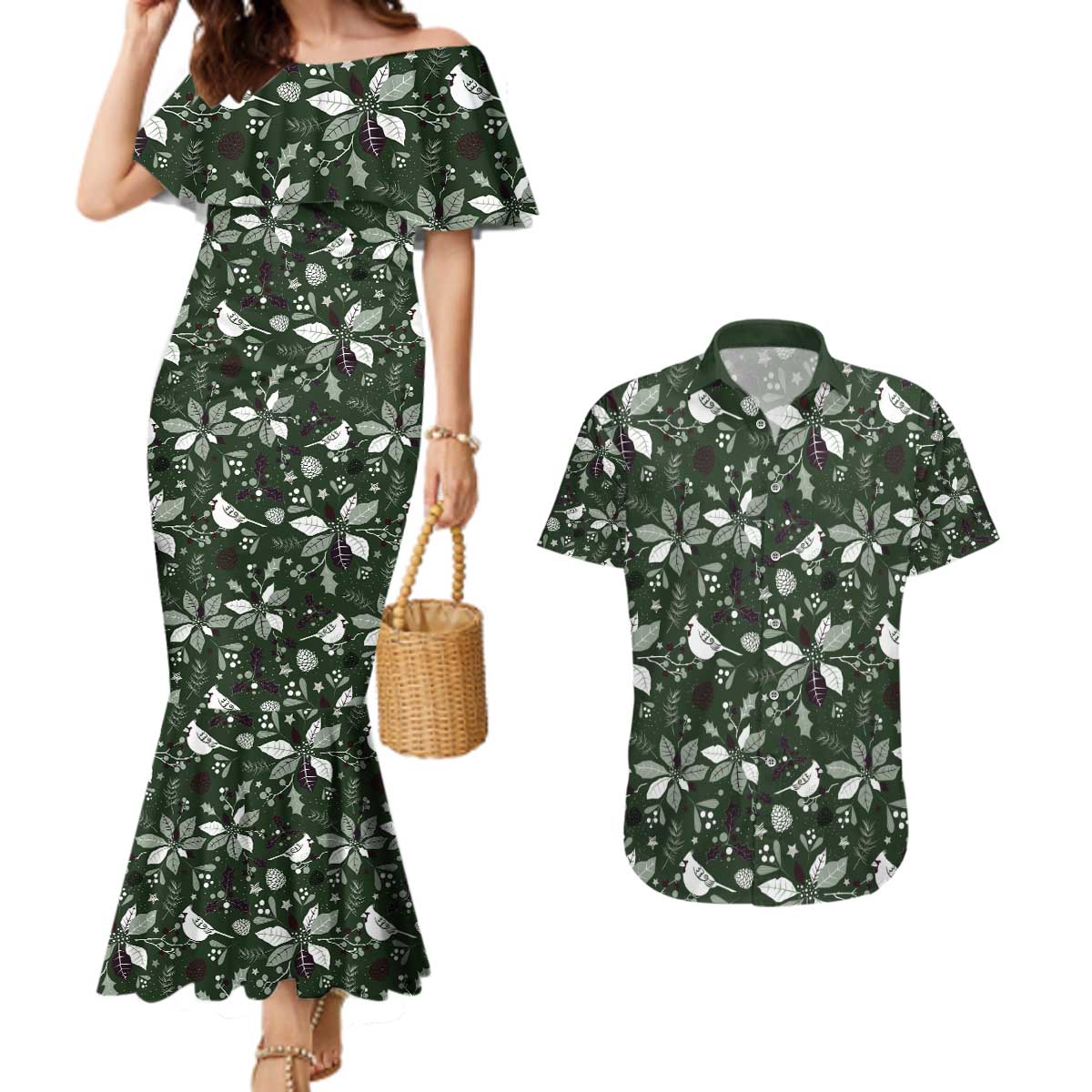 Cardinal Christmas Green Couples Matching Mermaid Dress and Hawaiian Shirt Xmas Pattern - Wonder Print Shop