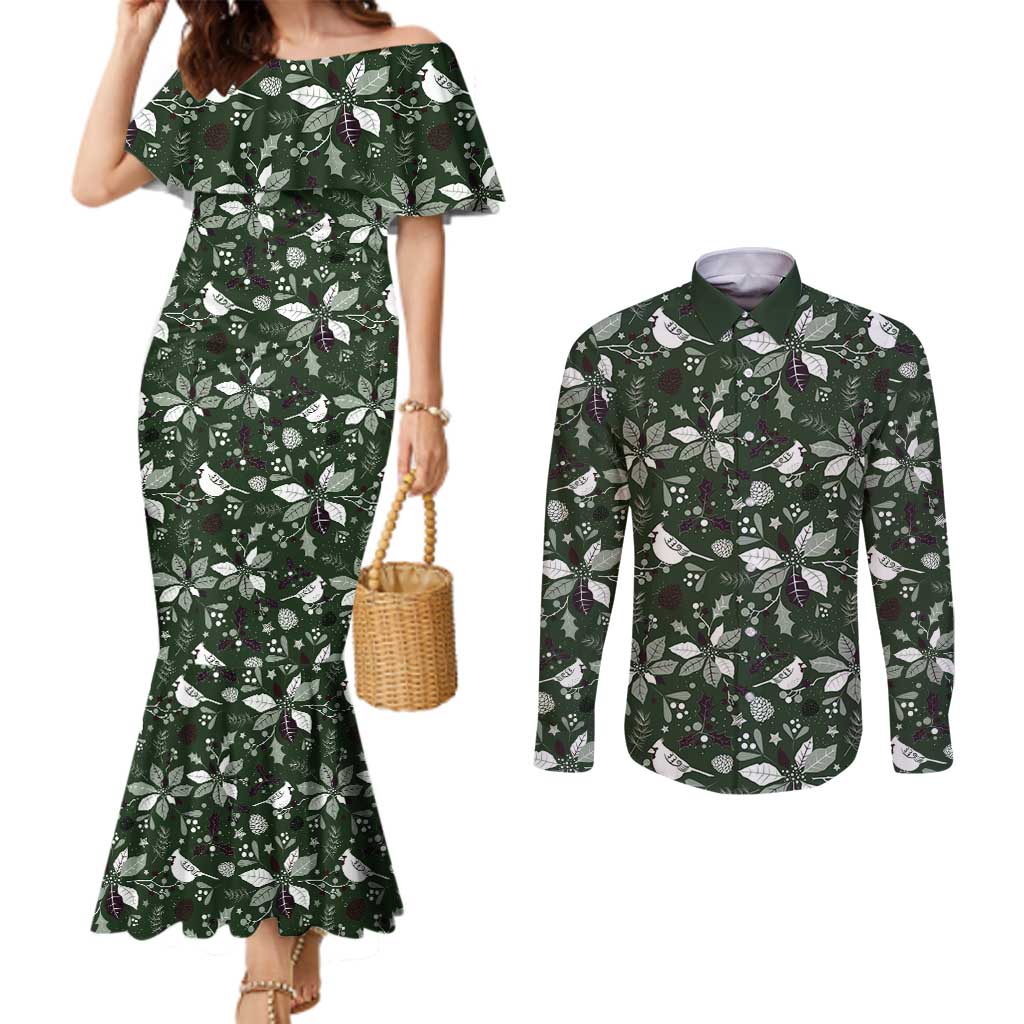 Cardical Christmas Green Couples Matching Mermaid Dress and Long Sleeve Button Shirt Xmas Pattern