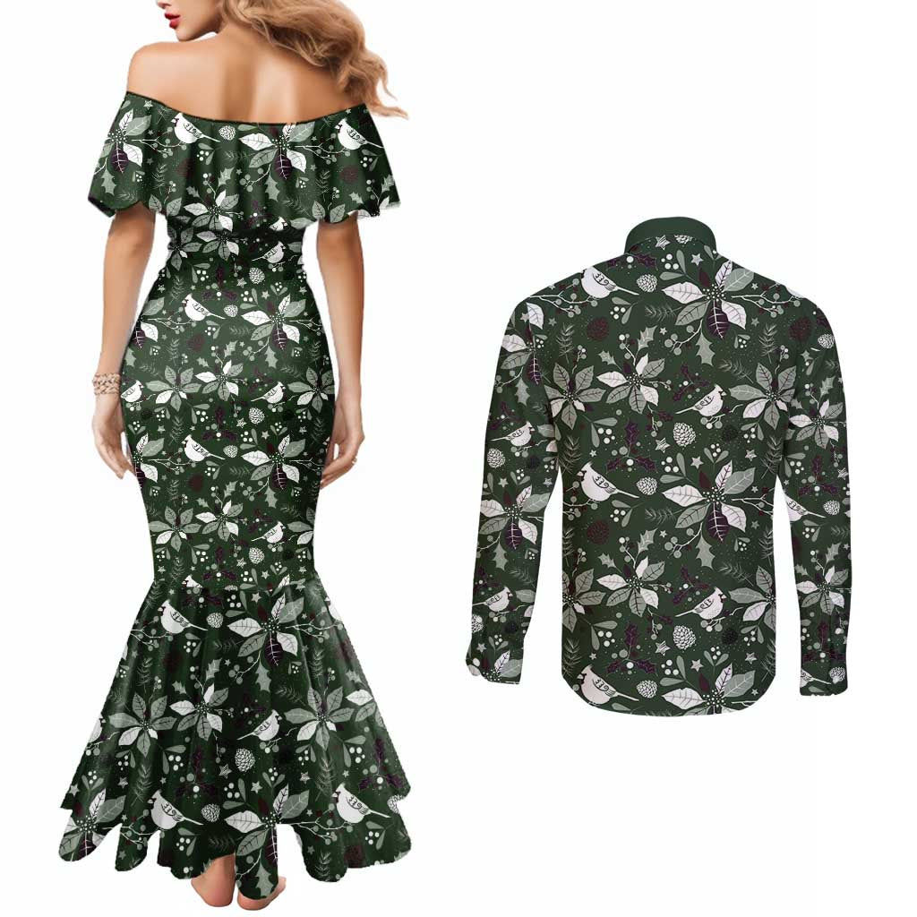 Cardical Christmas Green Couples Matching Mermaid Dress and Long Sleeve Button Shirt Xmas Pattern