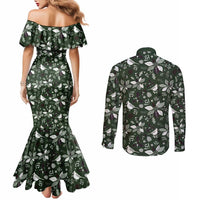 Cardical Christmas Green Couples Matching Mermaid Dress and Long Sleeve Button Shirt Xmas Pattern