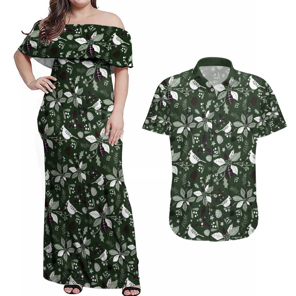 Cardinal Christmas Green Couples Matching Off Shoulder Maxi Dress and Hawaiian Shirt Xmas Pattern - Wonder Print Shop