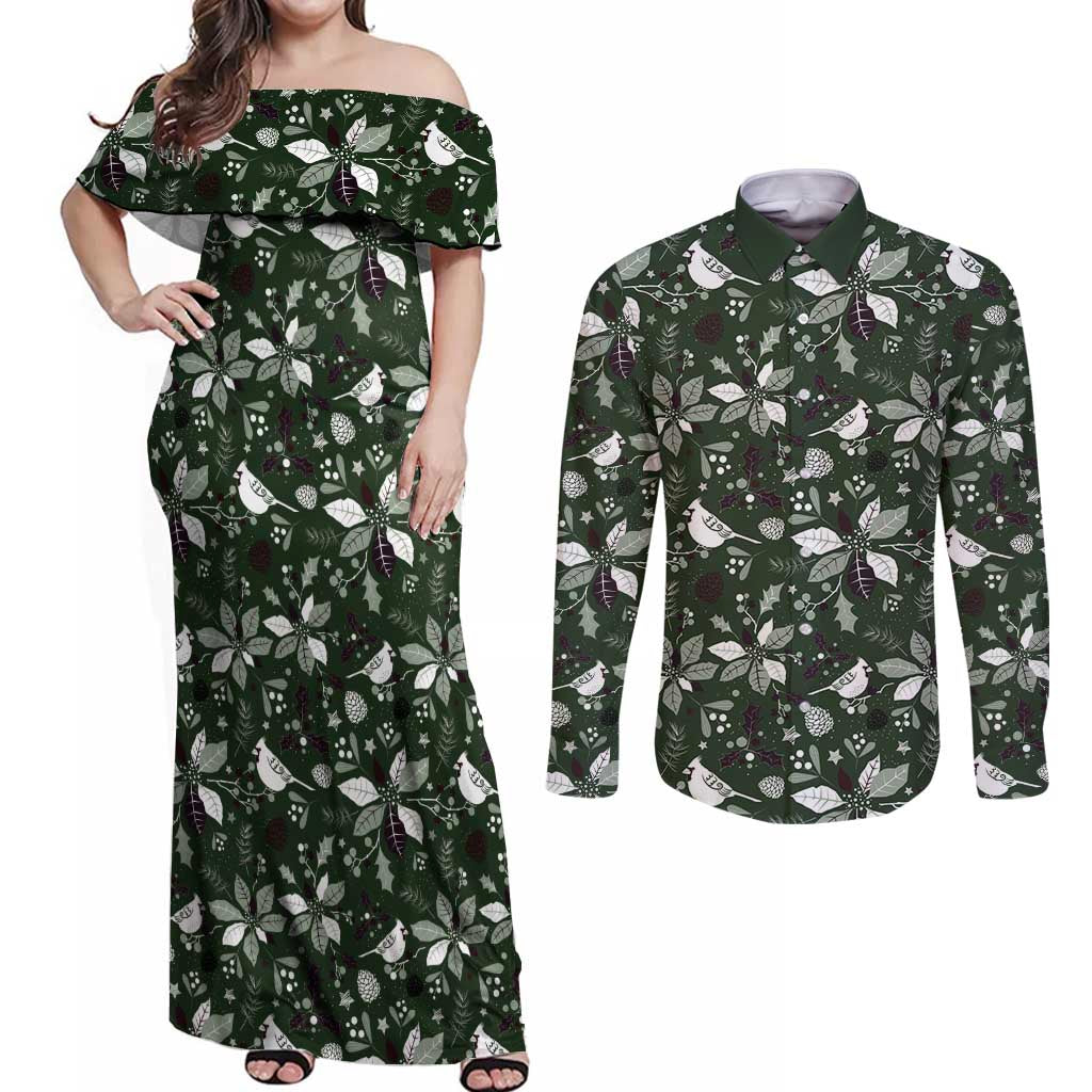 Cardinal Christmas Green Couples Matching Off Shoulder Maxi Dress and Long Sleeve Button Shirt Xmas Pattern - Wonder Print Shop