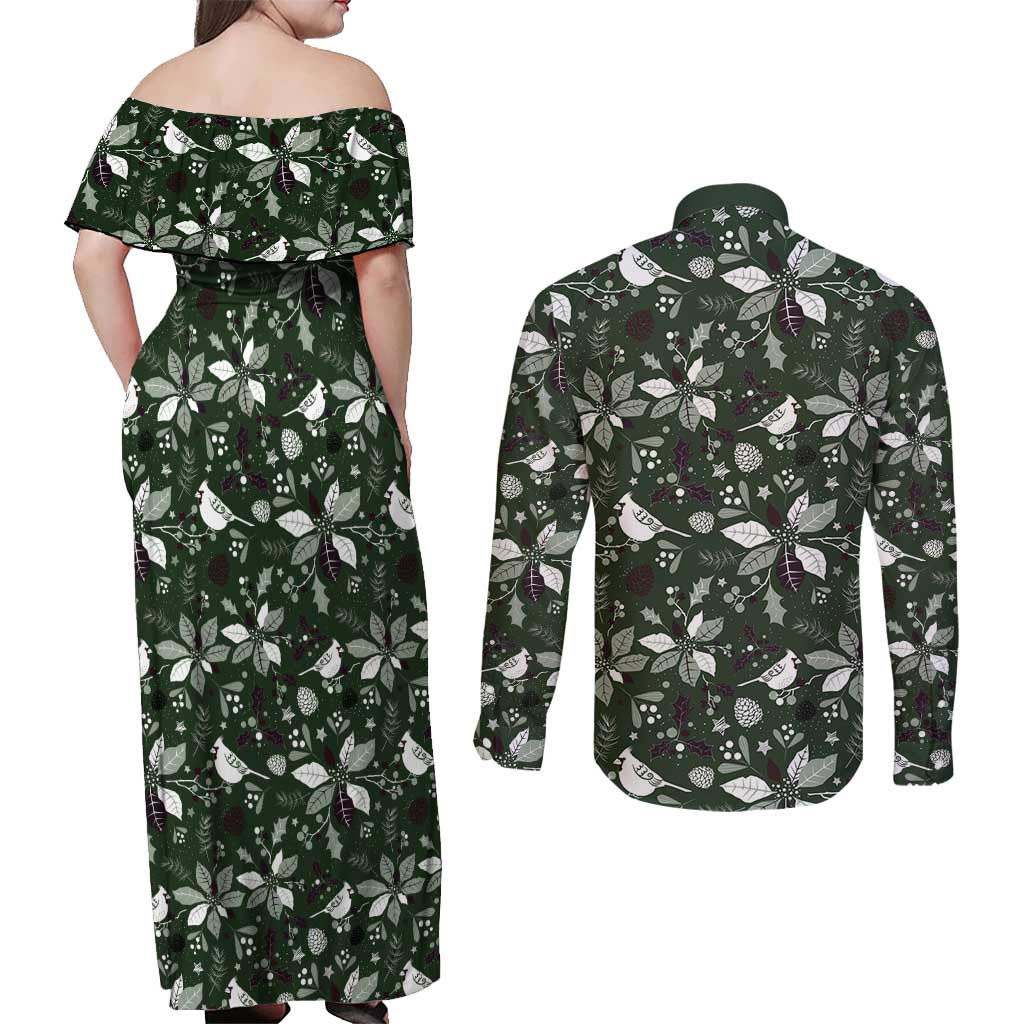 Cardinal Christmas Green Couples Matching Off Shoulder Maxi Dress and Long Sleeve Button Shirt Xmas Pattern - Wonder Print Shop