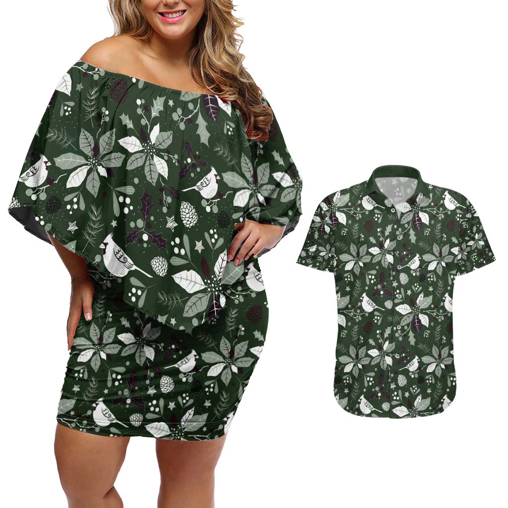 Cardinal Christmas Green Couples Matching Off Shoulder Short Dress and Hawaiian Shirt Xmas Pattern - Wonder Print Shop