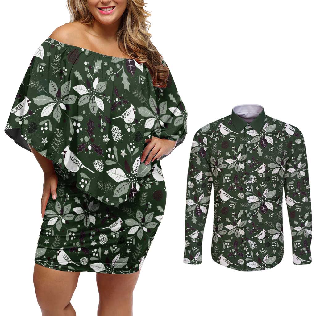 Cardinal Christmas Green Couples Matching Off Shoulder Short Dress and Long Sleeve Button Shirt Xmas Pattern - Wonder Print Shop