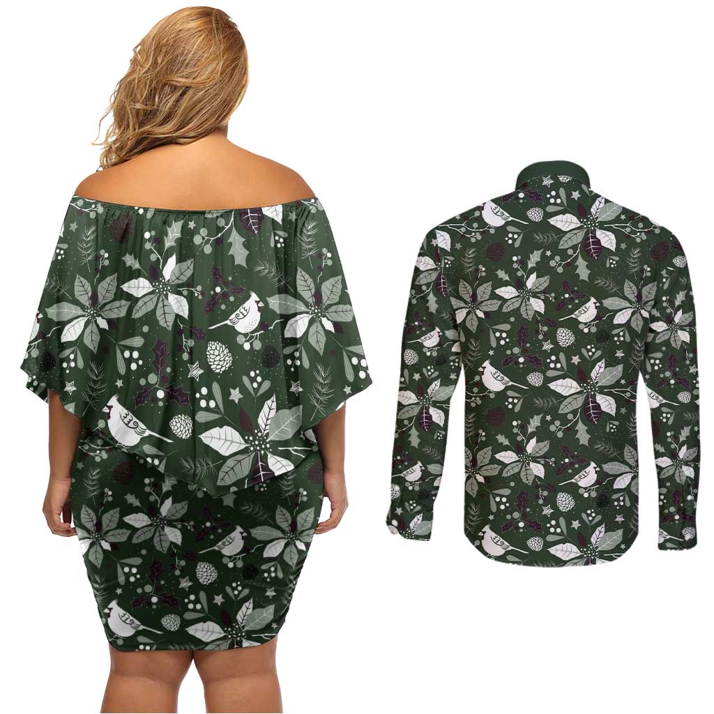 Cardinal Christmas Green Couples Matching Off Shoulder Short Dress and Long Sleeve Button Shirt Xmas Pattern - Wonder Print Shop