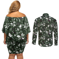 Cardinal Christmas Green Couples Matching Off Shoulder Short Dress and Long Sleeve Button Shirt Xmas Pattern - Wonder Print Shop
