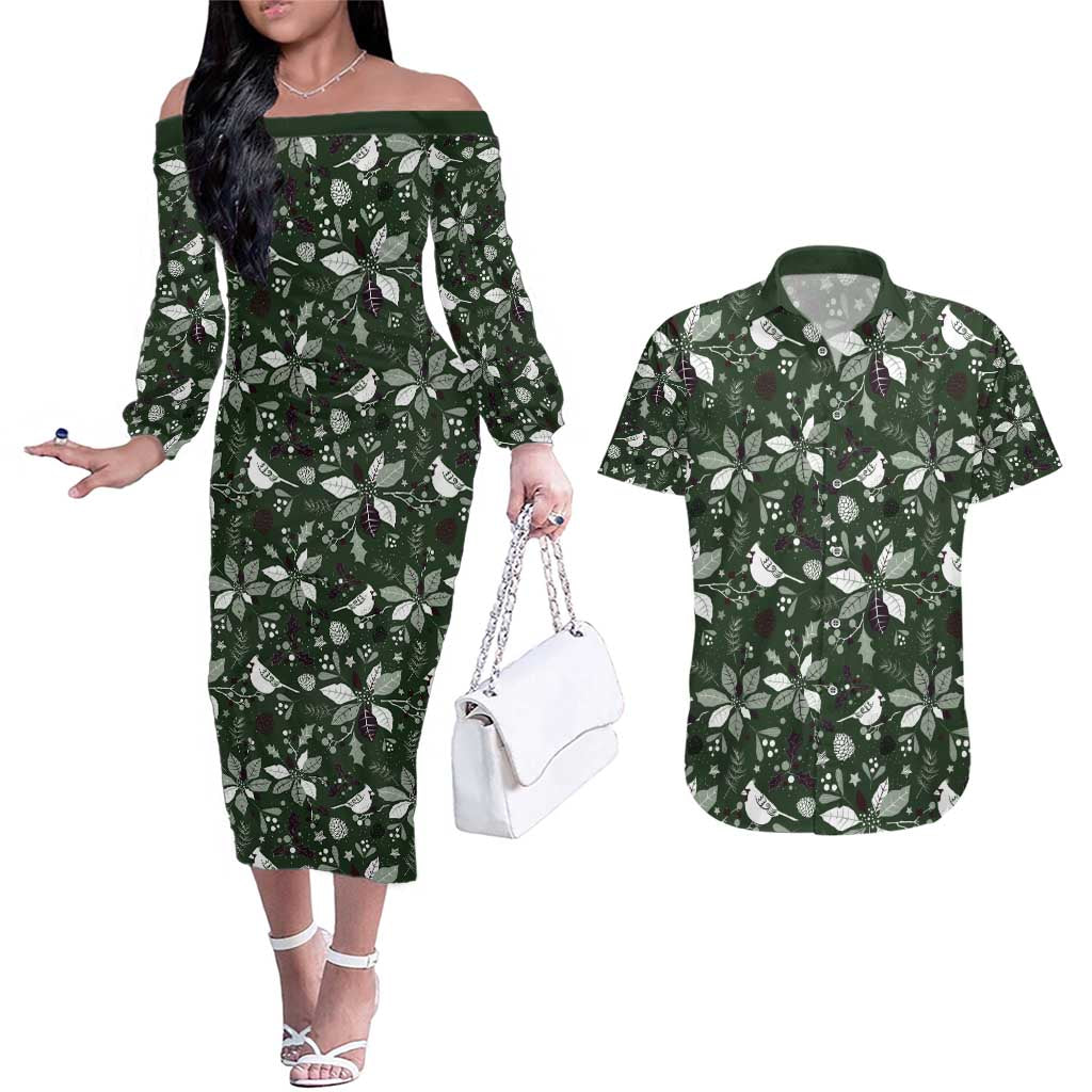 Cardinal Christmas Green Couples Matching Off The Shoulder Long Sleeve Dress and Hawaiian Shirt Xmas Pattern - Wonder Print Shop