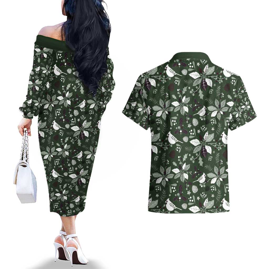Cardinal Christmas Green Couples Matching Off The Shoulder Long Sleeve Dress and Hawaiian Shirt Xmas Pattern - Wonder Print Shop