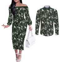 Cardical Christmas Green Couples Matching Off The Shoulder Long Sleeve Dress and Long Sleeve Button Shirt Xmas Pattern
