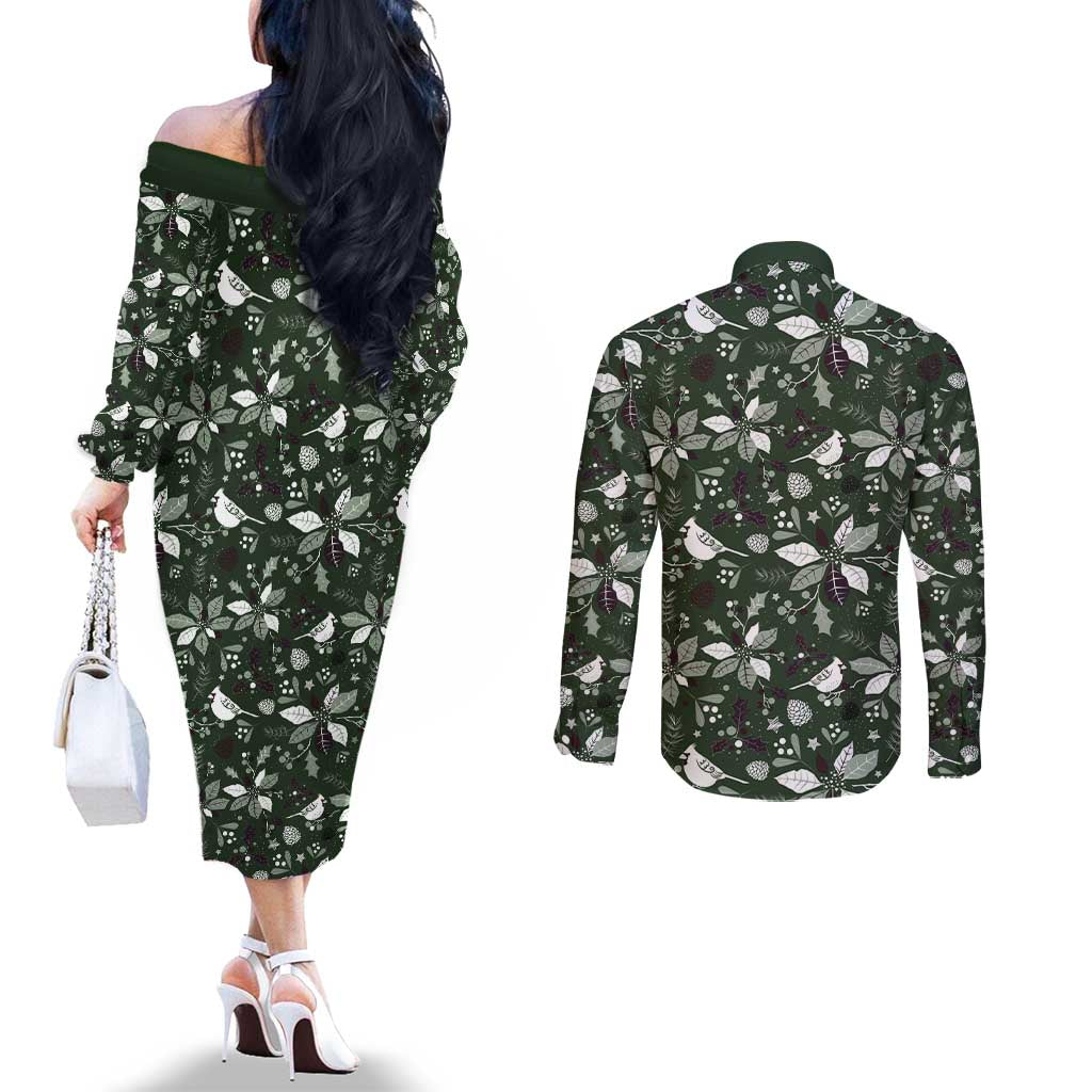 Cardical Christmas Green Couples Matching Off The Shoulder Long Sleeve Dress and Long Sleeve Button Shirt Xmas Pattern