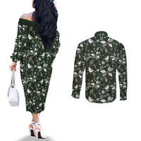 Cardical Christmas Green Couples Matching Off The Shoulder Long Sleeve Dress and Long Sleeve Button Shirt Xmas Pattern
