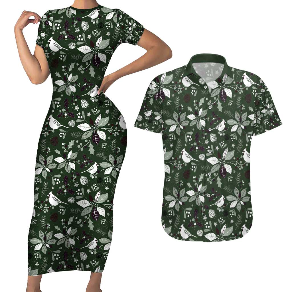 Cardinal Christmas Green Couples Matching Short Sleeve Bodycon Dress and Hawaiian Shirt Xmas Pattern - Wonder Print Shop