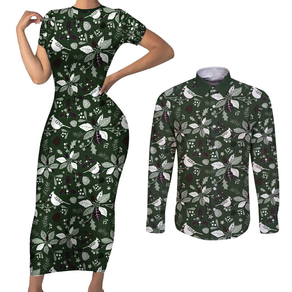 Cardinal Christmas Green Couples Matching Short Sleeve Bodycon Dress and Long Sleeve Button Shirt Xmas Pattern - Wonder Print Shop