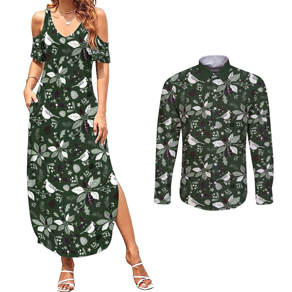 Cardinal Christmas Green Couples Matching Summer Maxi Dress and Long Sleeve Button Shirt Xmas Pattern - Wonder Print Shop
