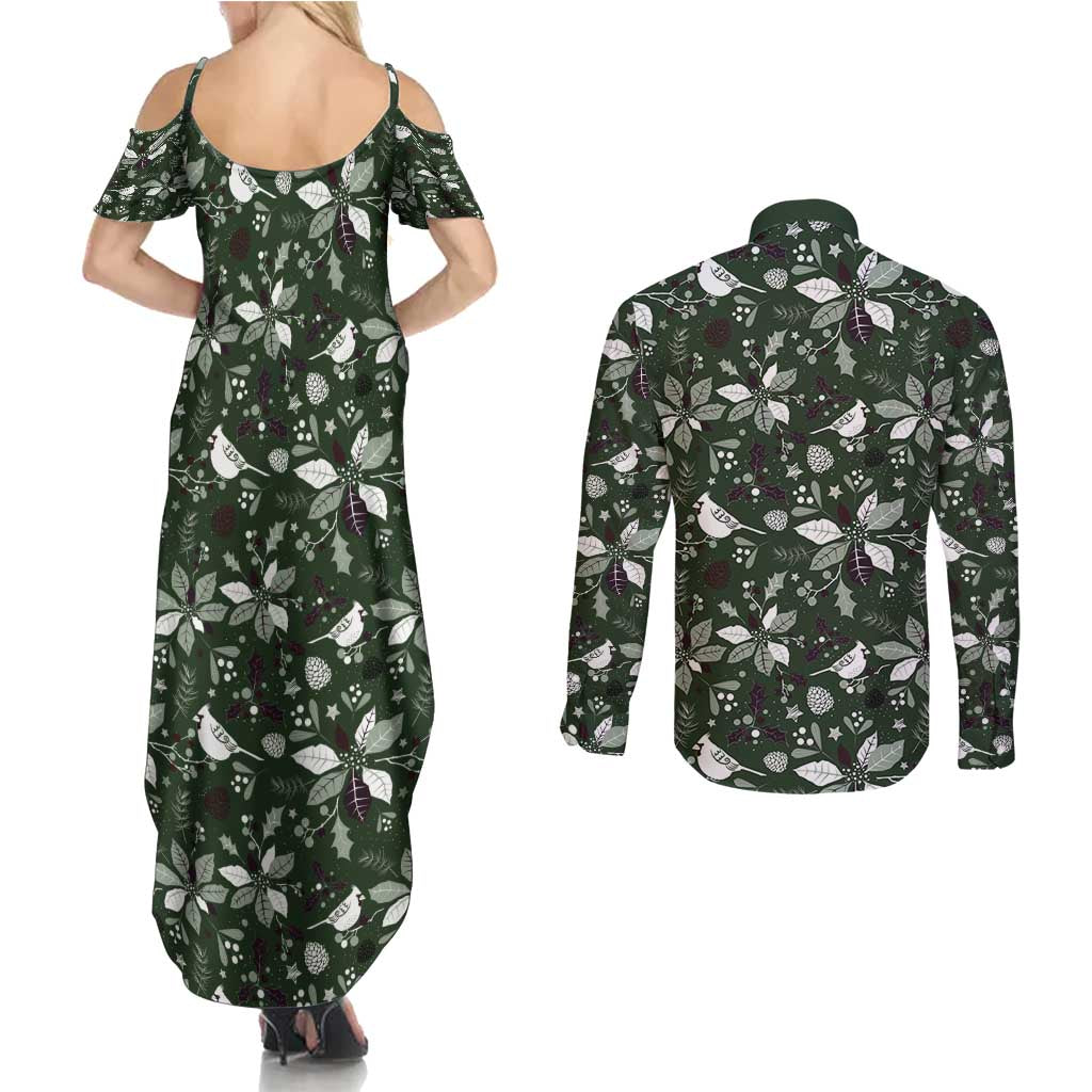 Cardinal Christmas Green Couples Matching Summer Maxi Dress and Long Sleeve Button Shirt Xmas Pattern - Wonder Print Shop