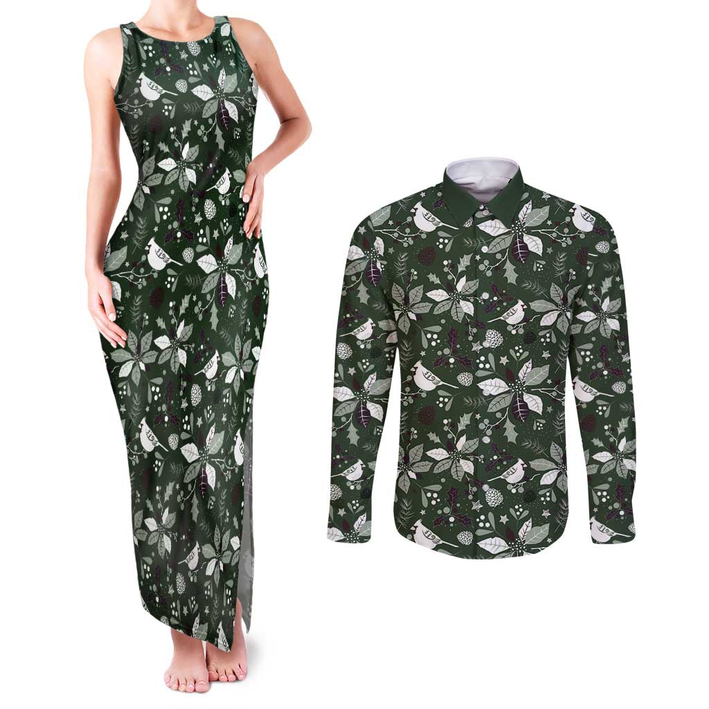 Cardinal Christmas Green Couples Matching Tank Maxi Dress and Long Sleeve Button Shirt Xmas Pattern - Wonder Print Shop