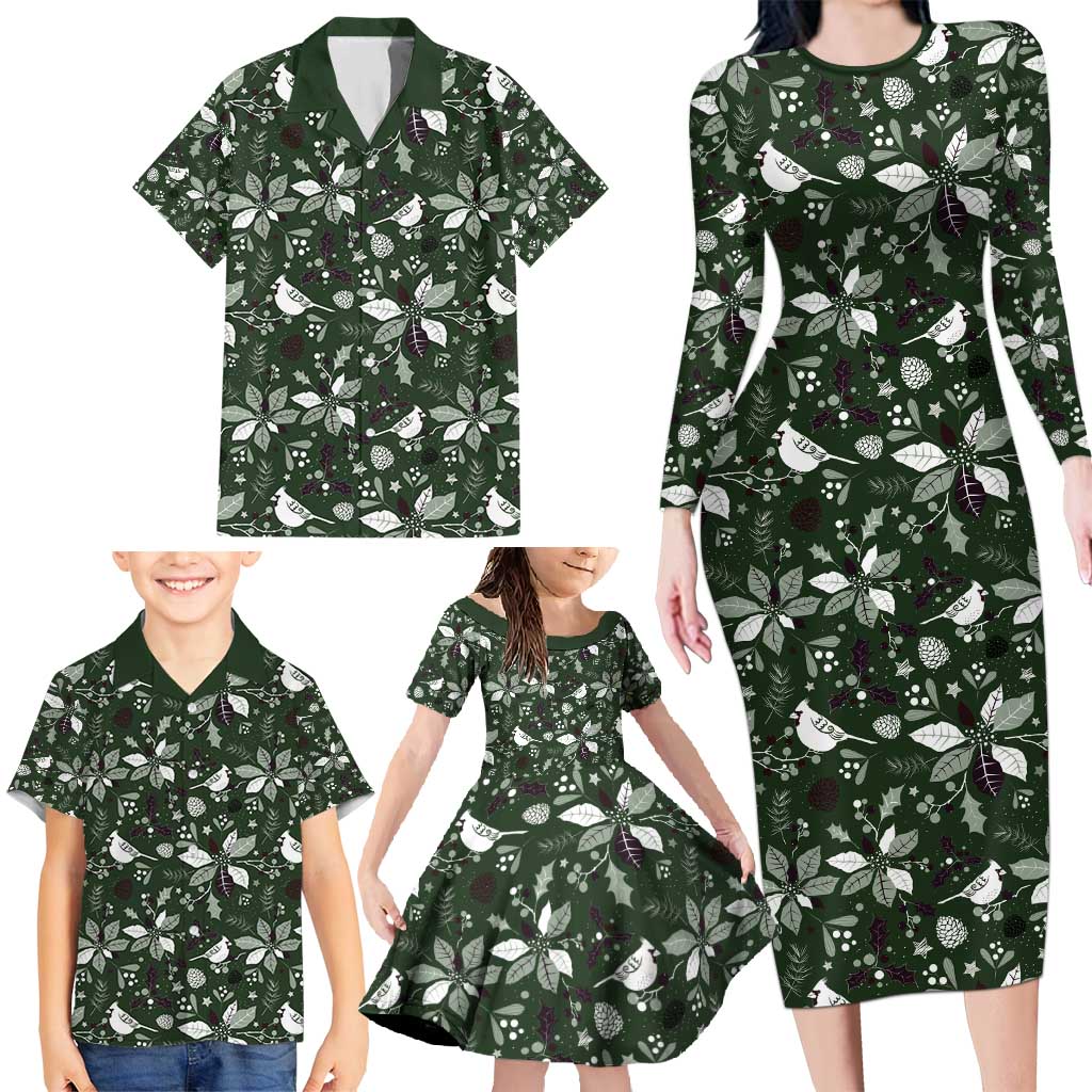 Cardinal Christmas Green Family Matching Long Sleeve Bodycon Dress and Hawaiian Shirt Xmas Pattern - Wonder Print Shop