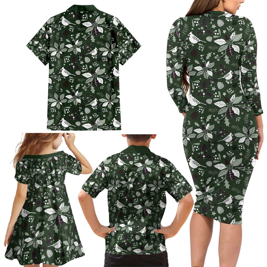 Cardinal Christmas Green Family Matching Long Sleeve Bodycon Dress and Hawaiian Shirt Xmas Pattern - Wonder Print Shop