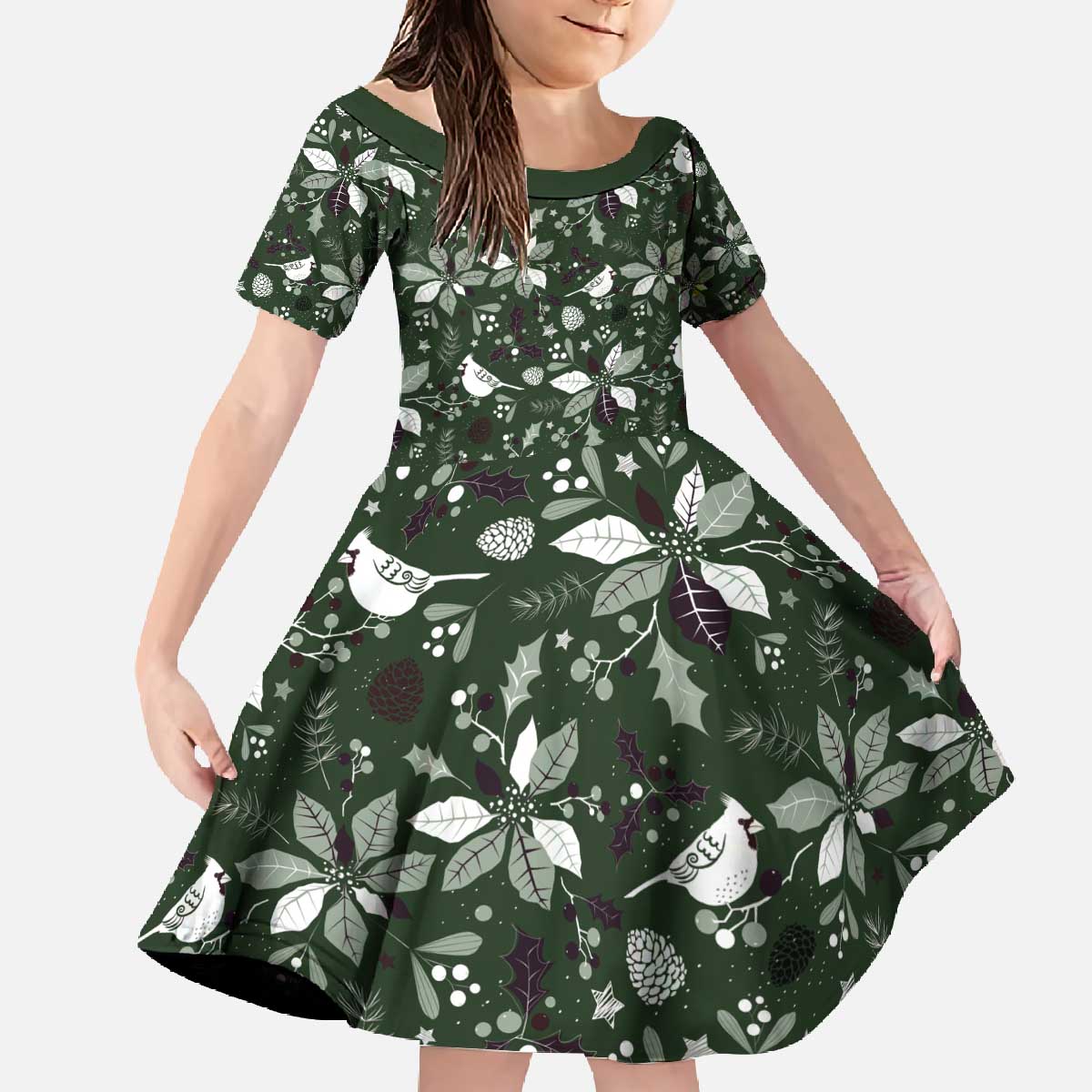 Cardinal Christmas Green Family Matching Off The Shoulder Long Sleeve Dress and Hawaiian Shirt Xmas Pattern - Wonder Print Shop