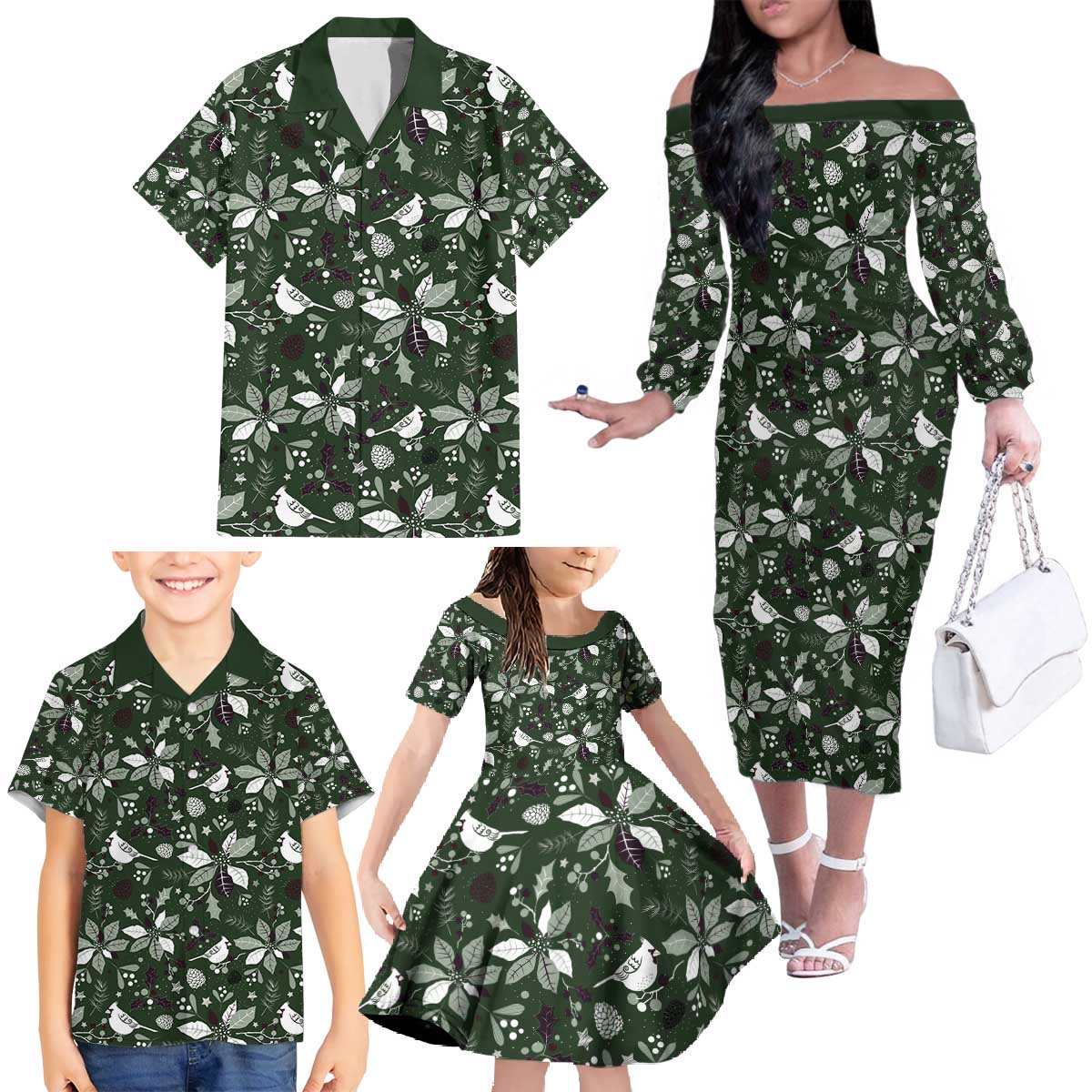 Cardinal Christmas Green Family Matching Off The Shoulder Long Sleeve Dress and Hawaiian Shirt Xmas Pattern - Wonder Print Shop