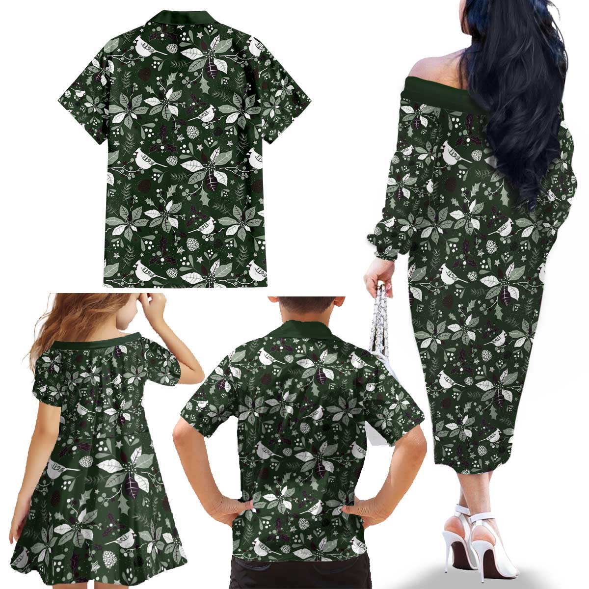 Cardinal Christmas Green Family Matching Off The Shoulder Long Sleeve Dress and Hawaiian Shirt Xmas Pattern - Wonder Print Shop