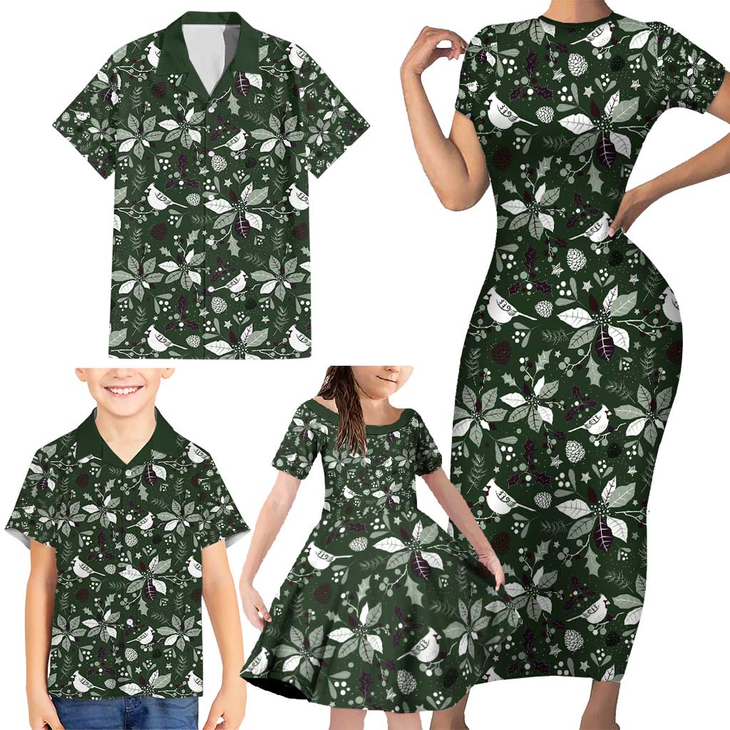 Cardinal Christmas Green Family Matching Short Sleeve Bodycon Dress and Hawaiian Shirt Xmas Pattern - Wonder Print Shop