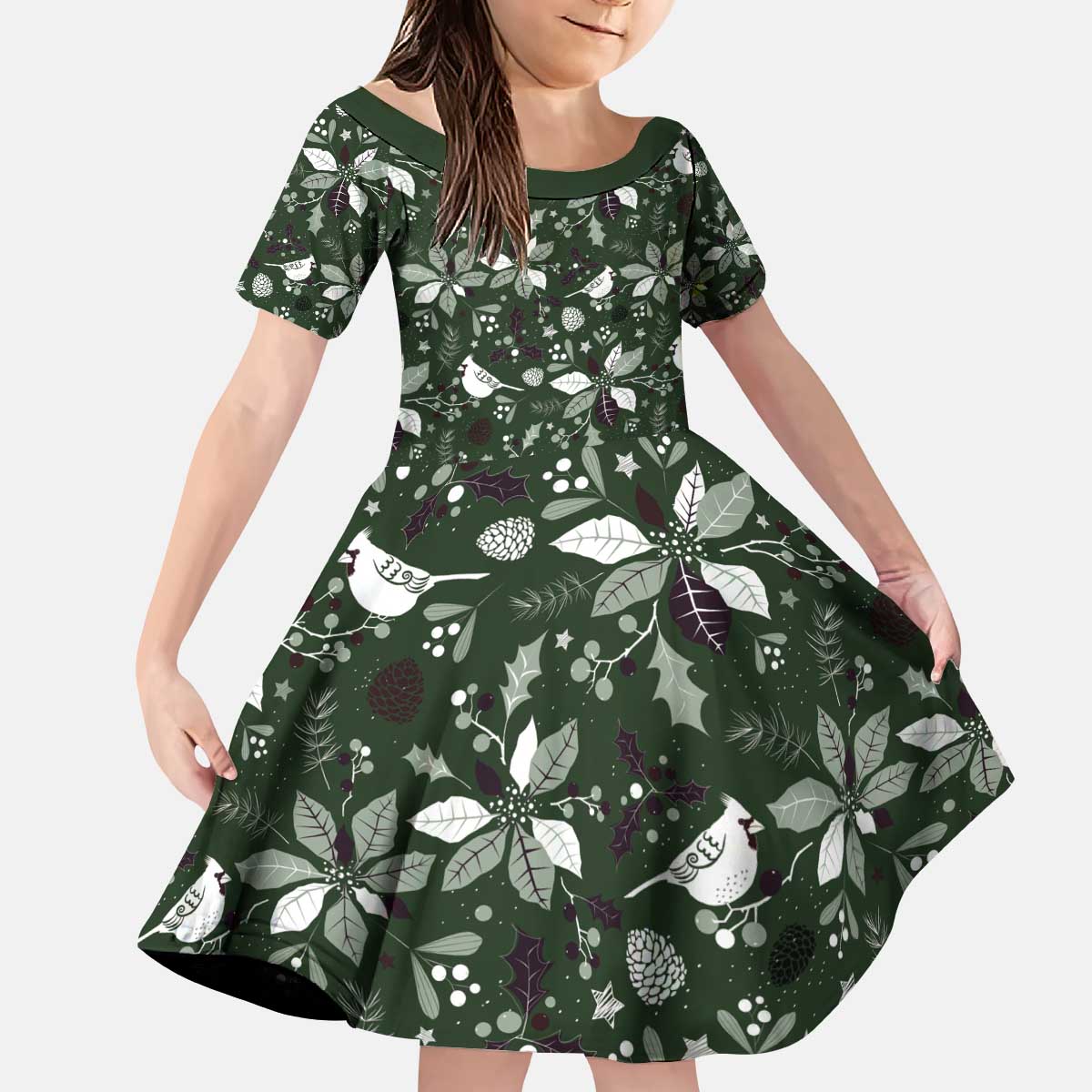 Cardinal Christmas Green Kid Short Sleeve Dress Xmas Pattern - Wonder Print Shop