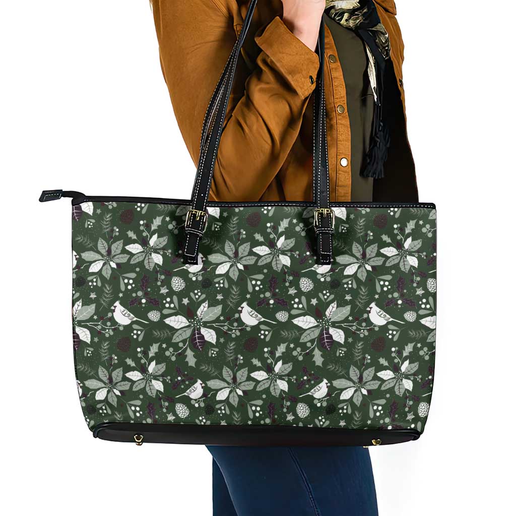 Cardinal Christmas Green Leather Tote Bag Xmas Pattern - Wonder Print Shop