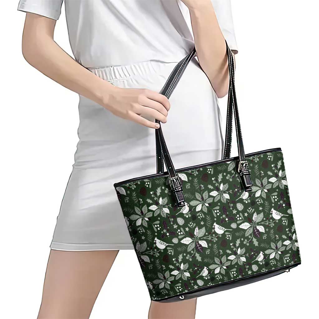 Cardinal Christmas Green Leather Tote Bag Xmas Pattern - Wonder Print Shop