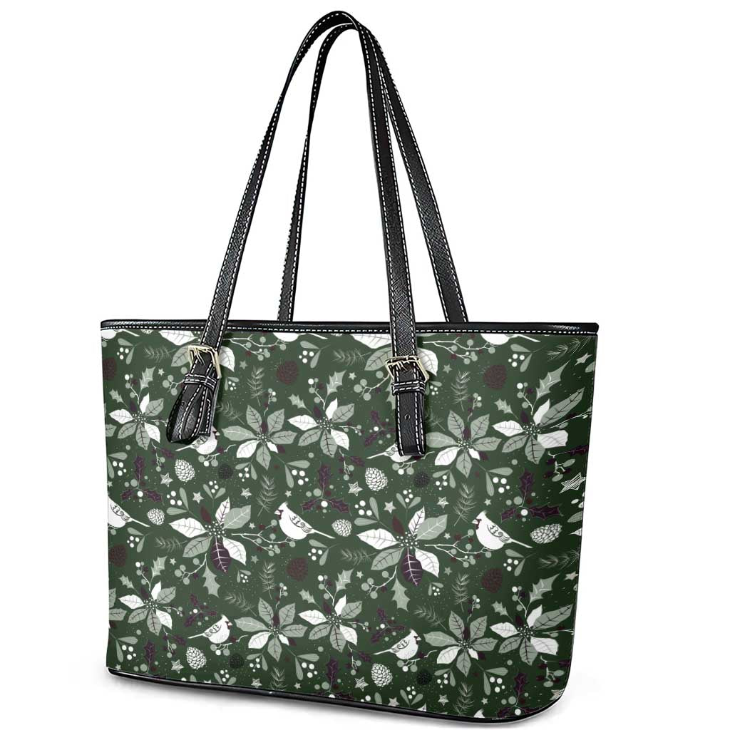 Cardinal Christmas Green Leather Tote Bag Xmas Pattern - Wonder Print Shop