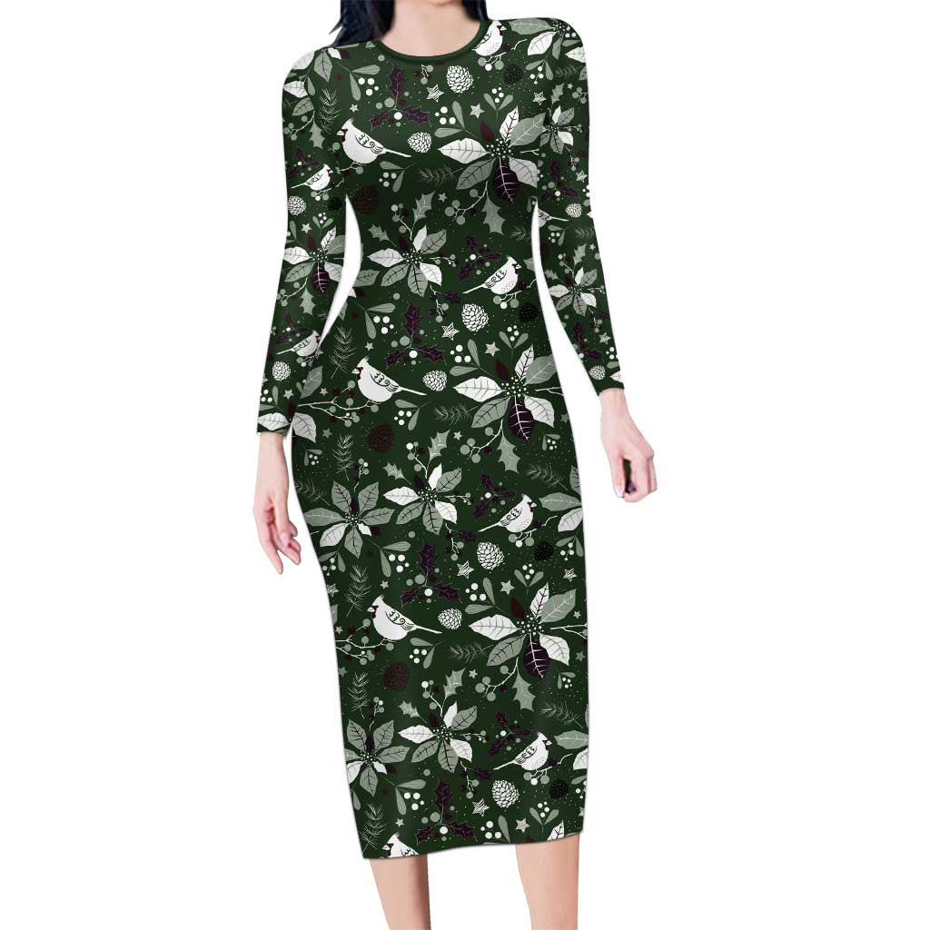 Cardinal Christmas Green Long Sleeve Bodycon Dress Xmas Pattern - Wonder Print Shop