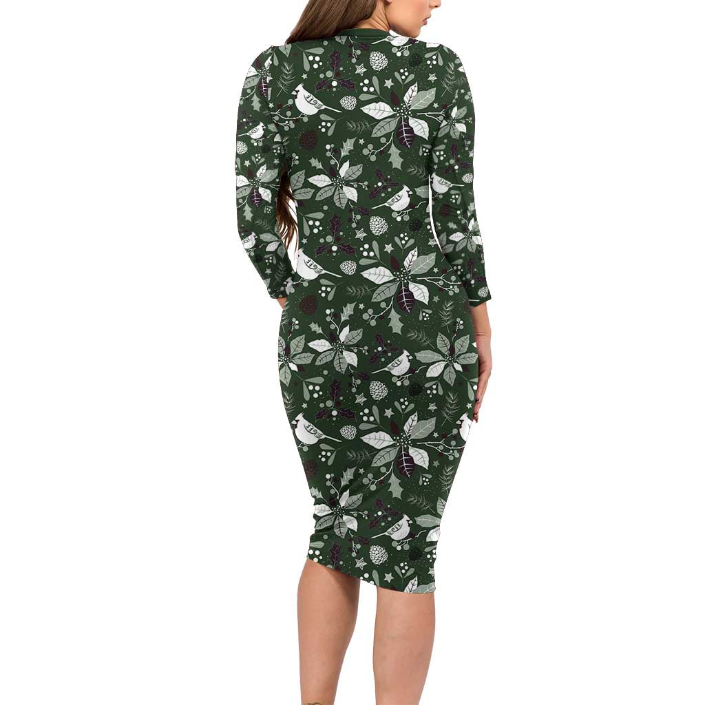 Cardinal Christmas Green Long Sleeve Bodycon Dress Xmas Pattern - Wonder Print Shop
