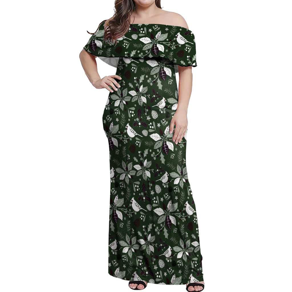 Cardinal Christmas Green Off Shoulder Maxi Dress Xmas Pattern - Wonder Print Shop